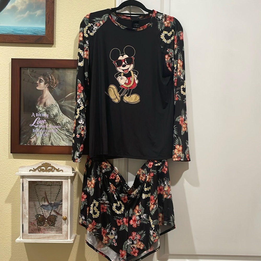 Luau Mickey rash guard and swim material shorts